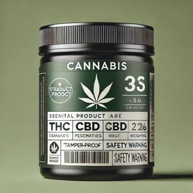 DALL·E 2024-09-18 11.53.53 - A modern cannabis product label featuring a sleek design with a cannabis leaf graphic, strain name, and essential product details like THC_CBD percent